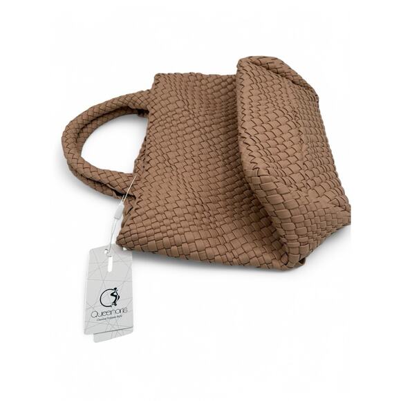 NWT Queenoris Woven Tote Bag with Matching Pouch - Tan Faux Leather Beach Pool - Picture 4 of 7